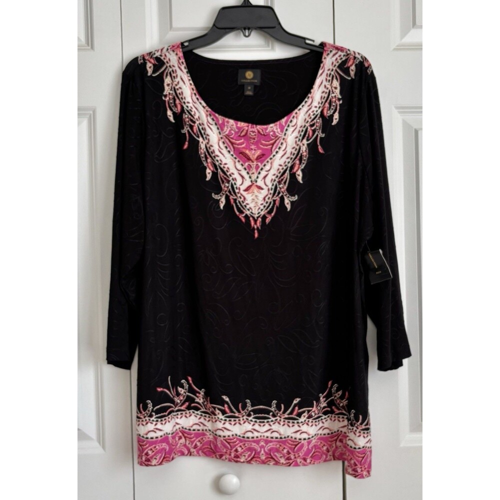 JM COLLECTION WOMENS TOPS JACQUARD PLUS SIZE 1X, 3/4 SLEEVE SIZE PULLON